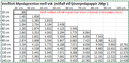 Verðlisti ljósmyndaprentun 2024